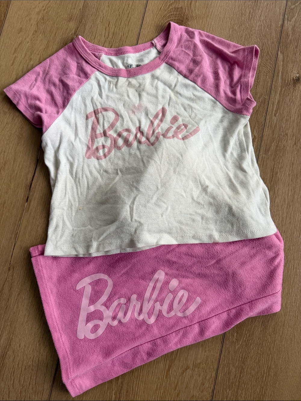 Barbie White and Pink Raglan Tee Pajama Set with Script Logo